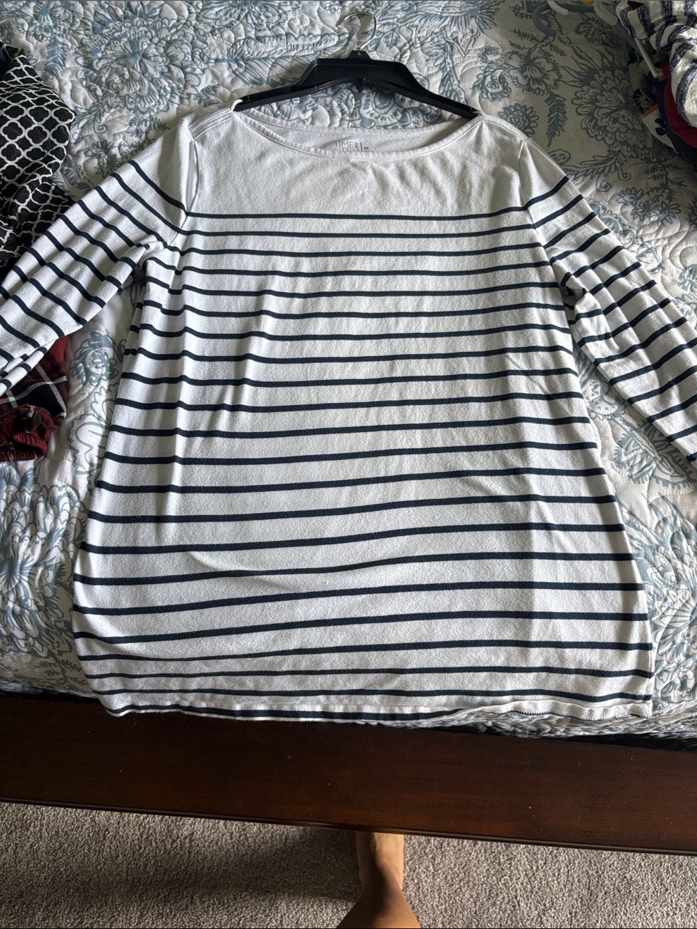 Time and Tru White and Navy Striped Boatneck Long Sleeve Top